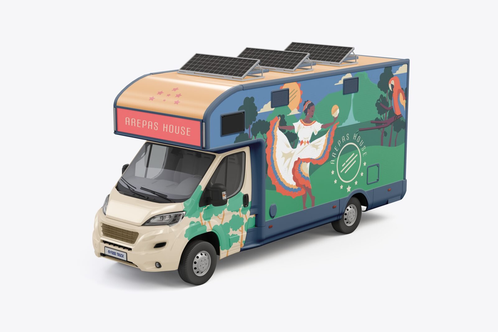 Arepas House food truck wrapped in an illustrated mural of a woman serving arepas