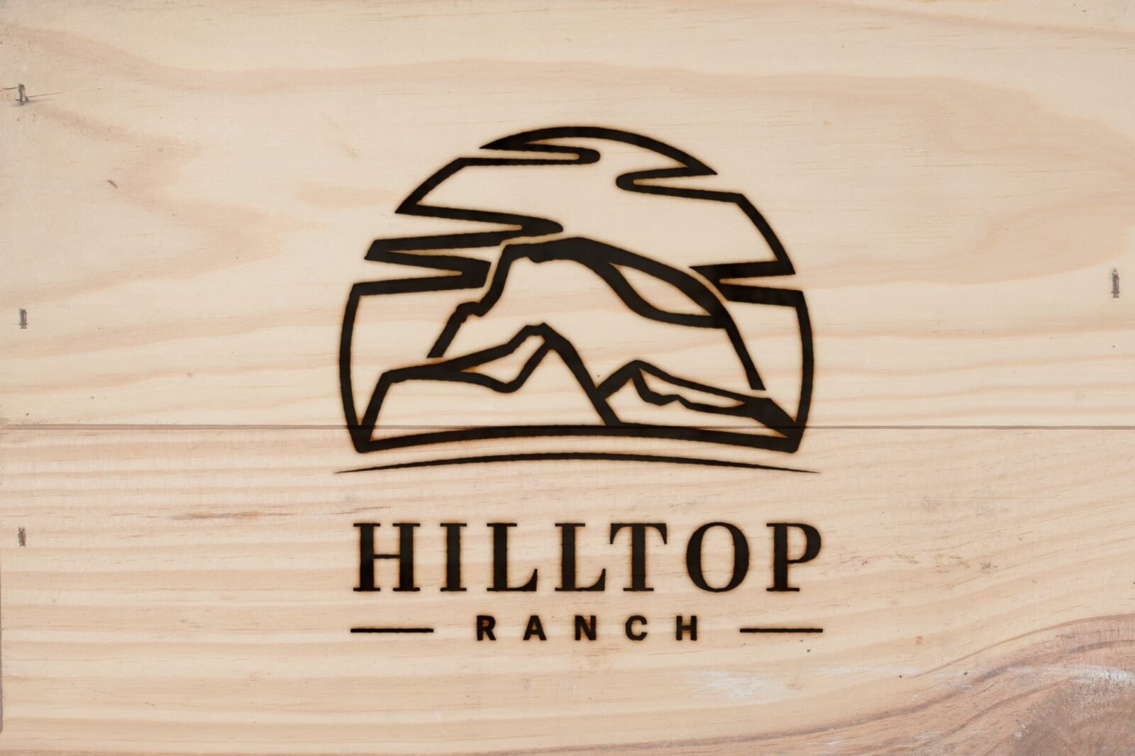 Hilltop Ranch mark burned into wood: a linear sun and mountain range above the wordmark