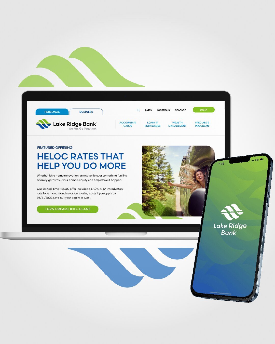 The Lake Ridge Bank website on a laptop, beside a phone showing the bank's logo
