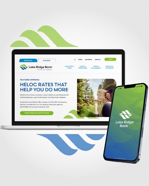 Lake Ridge Bank website and mobile app mockups