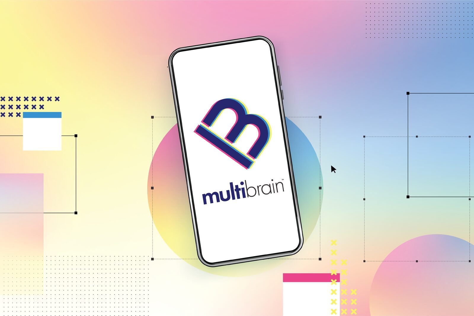 MultiBrain identity on a phone screen against the gradient and wireframe layout system