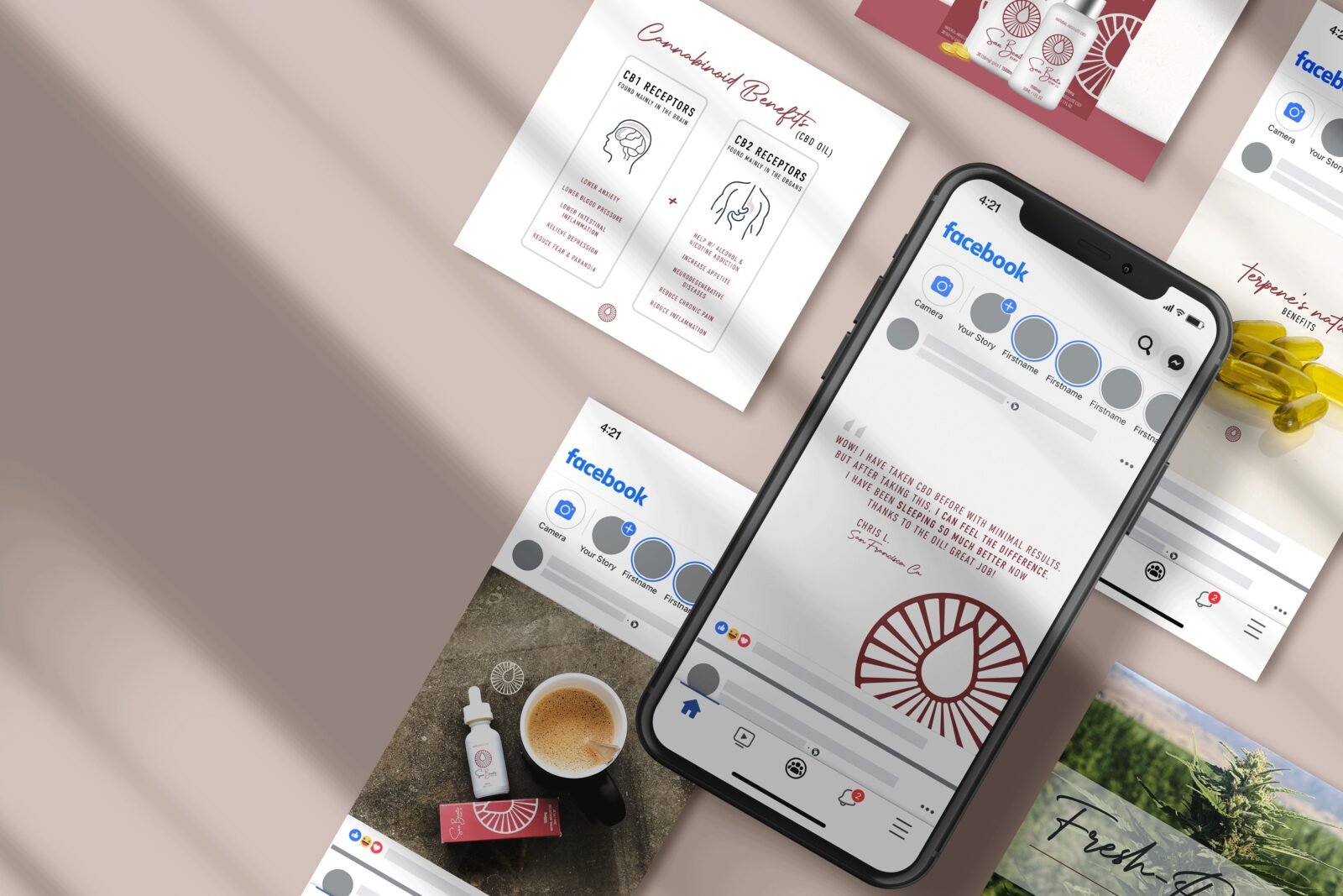 San Benito social campaign flatlay: printed post layouts and a phone showing the feed