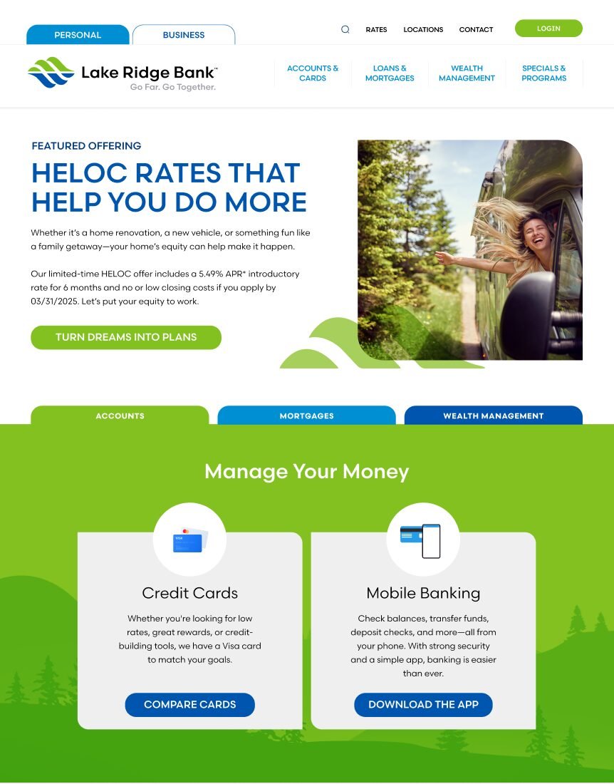 Lake Ridge Bank homepage design with a HELOC rates hero, Manage Your Money cards, and rate tiles