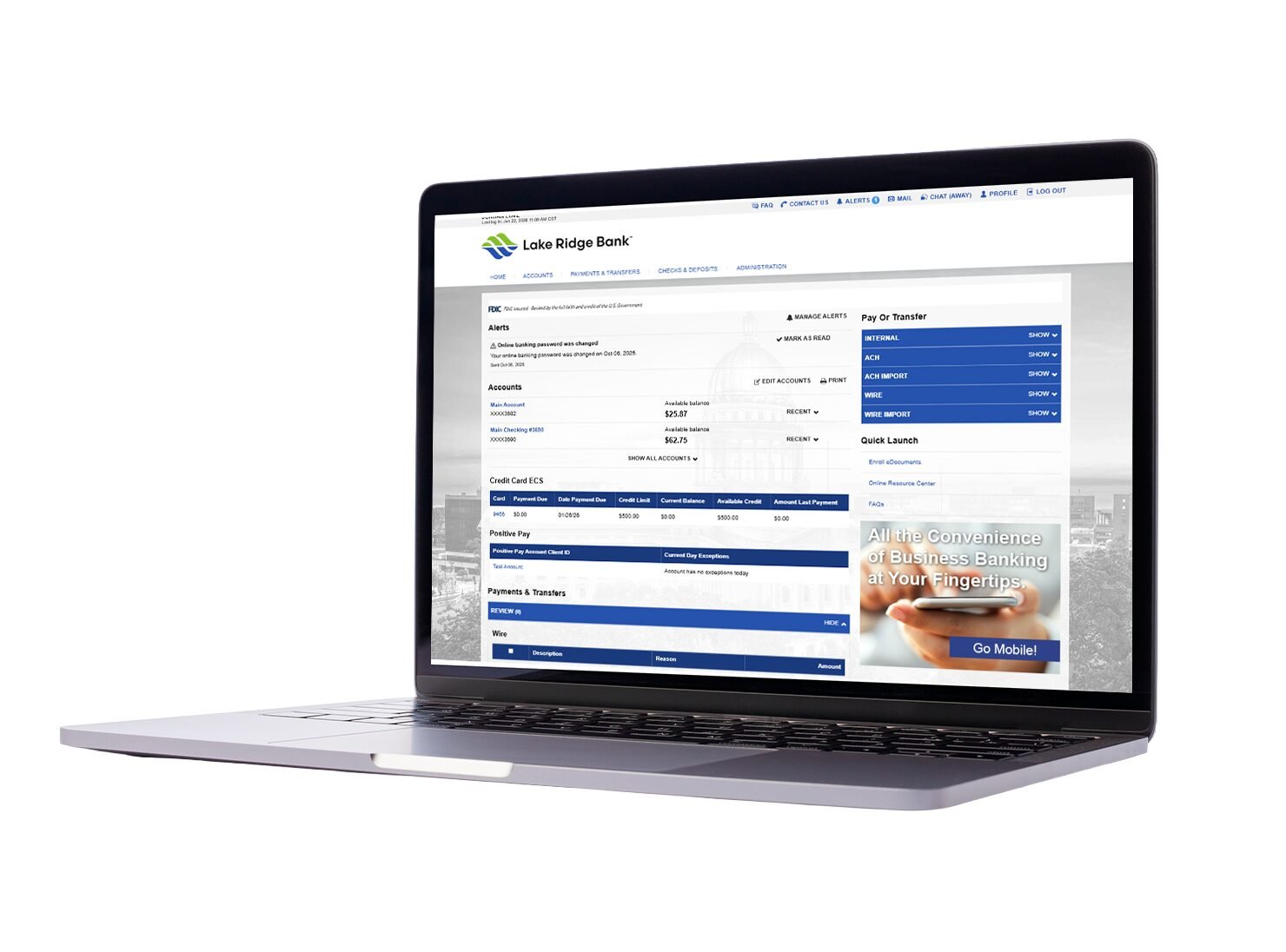 The rebuilt Lake Ridge Bank website on a laptop