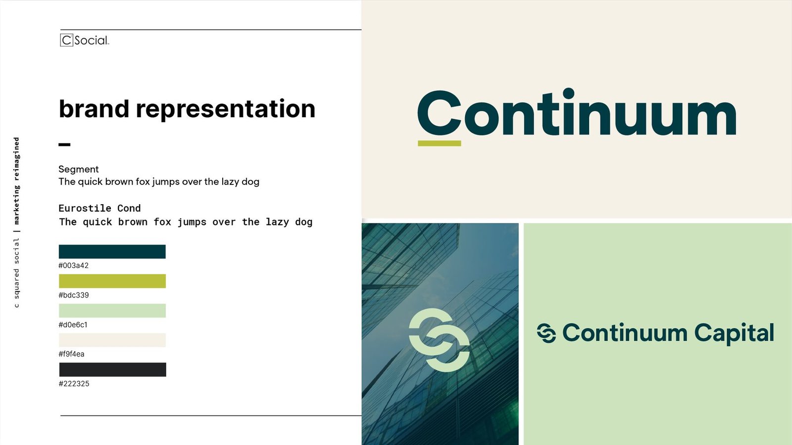 Blueprint brand representation board for Continuum with the green wordmark, the mark, and palette