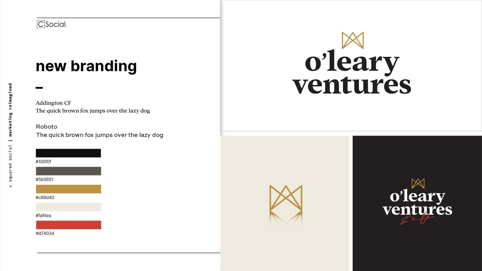 Blueprint new branding board for O'Leary Ventures with the crown monogram, serif wordmark, and palette