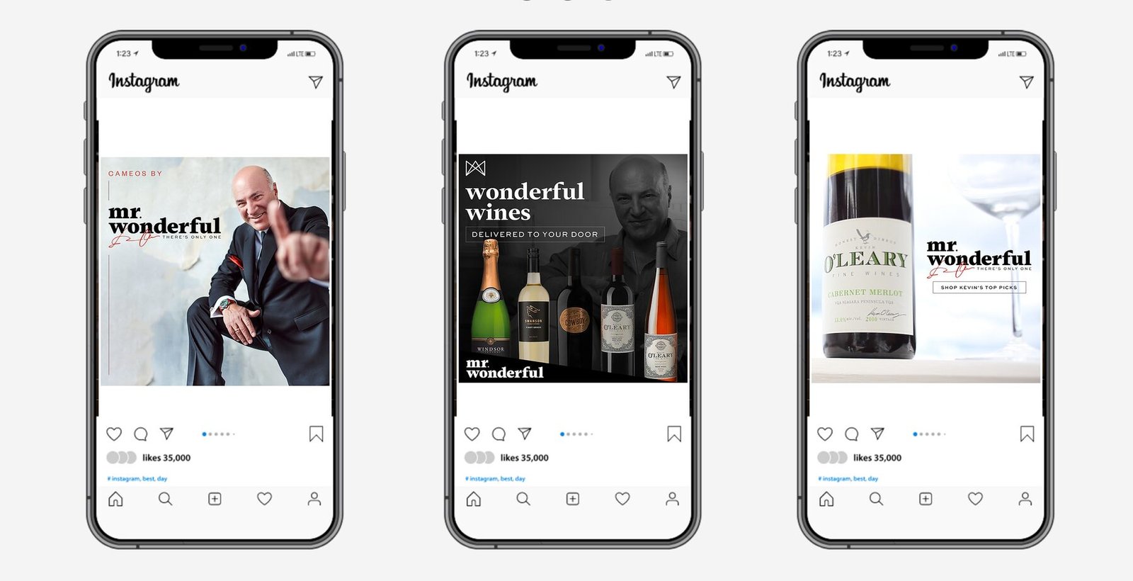 Mr. Wonderful Instagram posts on phone mockups, including a wine feature