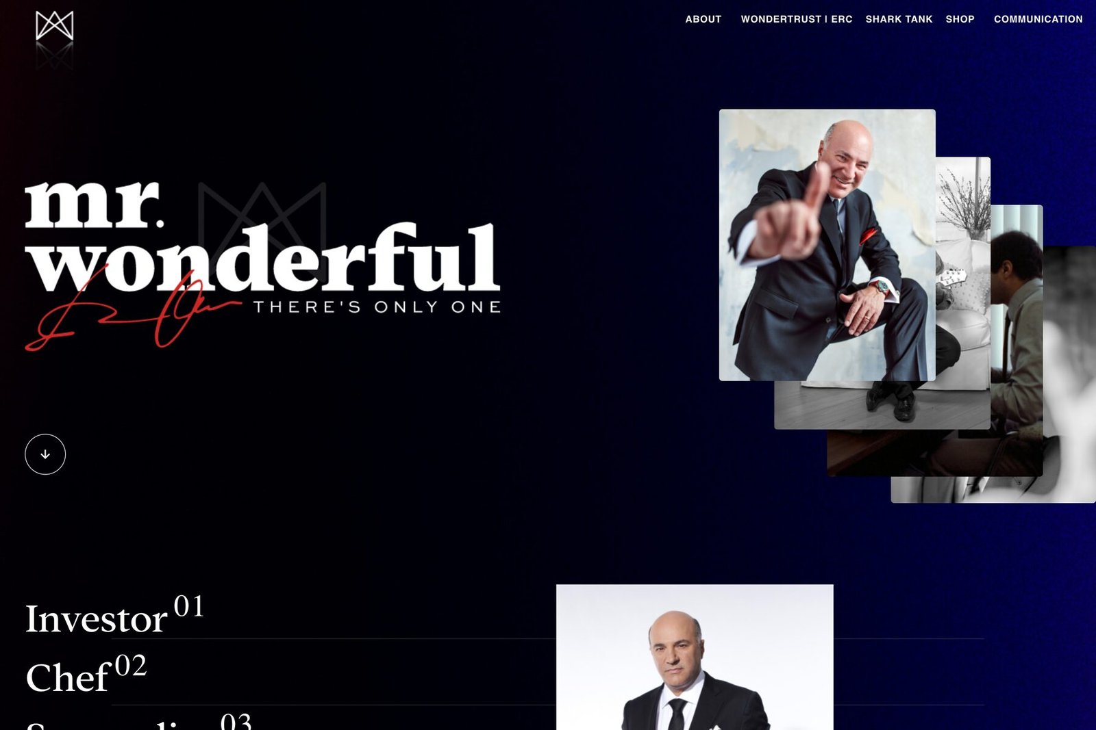 The kevinoleary.com homepage in navy with the Mr. Wonderful wordmark and photographs of Kevin O'Leary