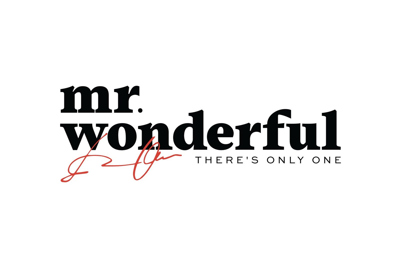 Mr. Wonderful wordmark in black serif with Kevin O'Leary's red signature and the line There's only one