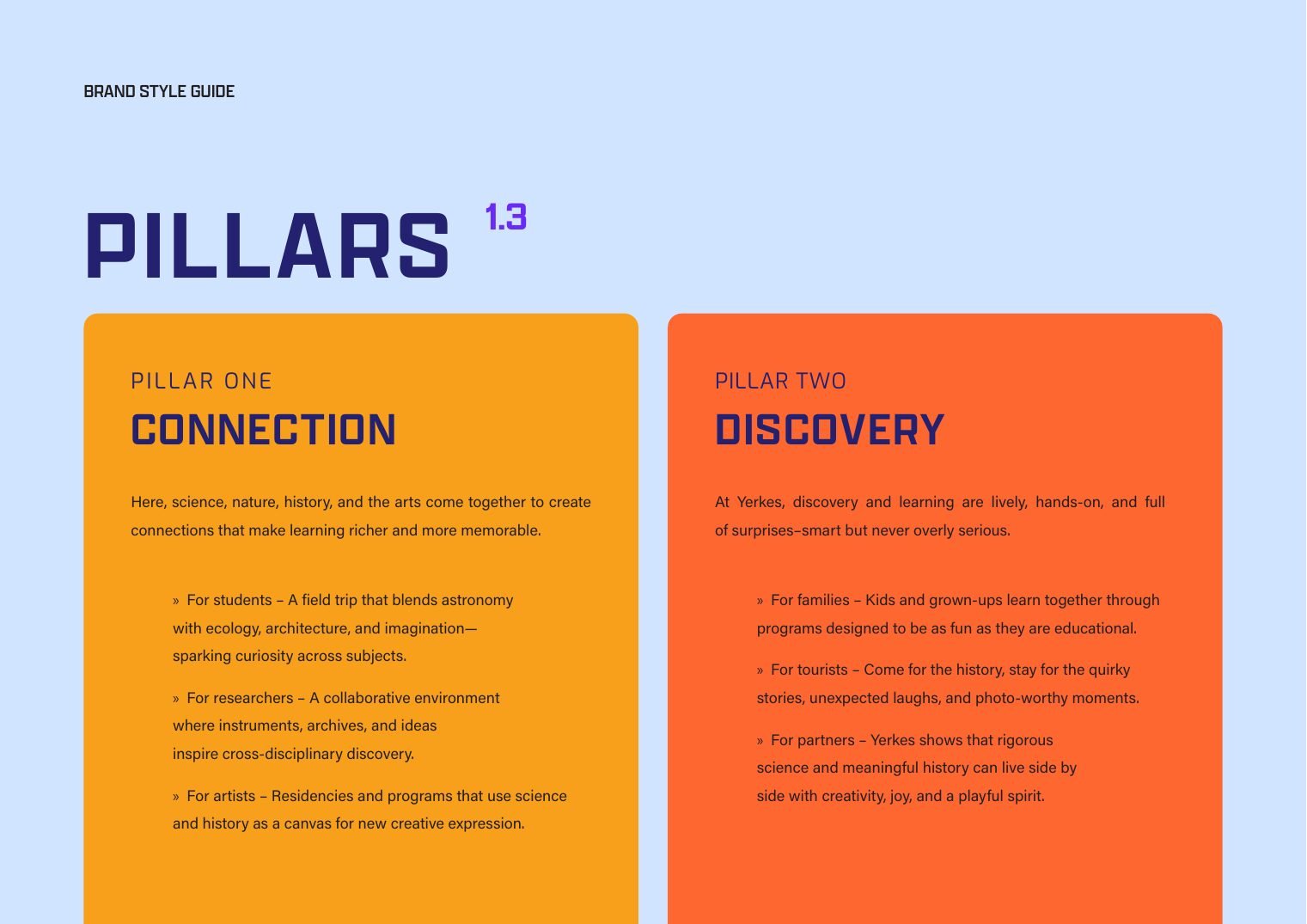 Yerkes guidelines pillars page with Connection and Discovery panels in amber and orange