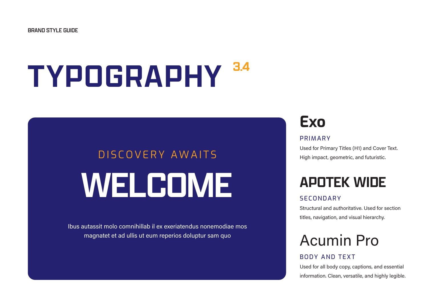 Yerkes typography page: Exo, Apotek Wide, and Acumin Pro, with a Welcome specimen card